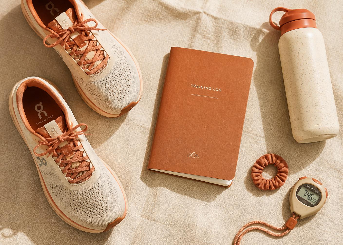 Running shoes, training log and water bottle laid on linen